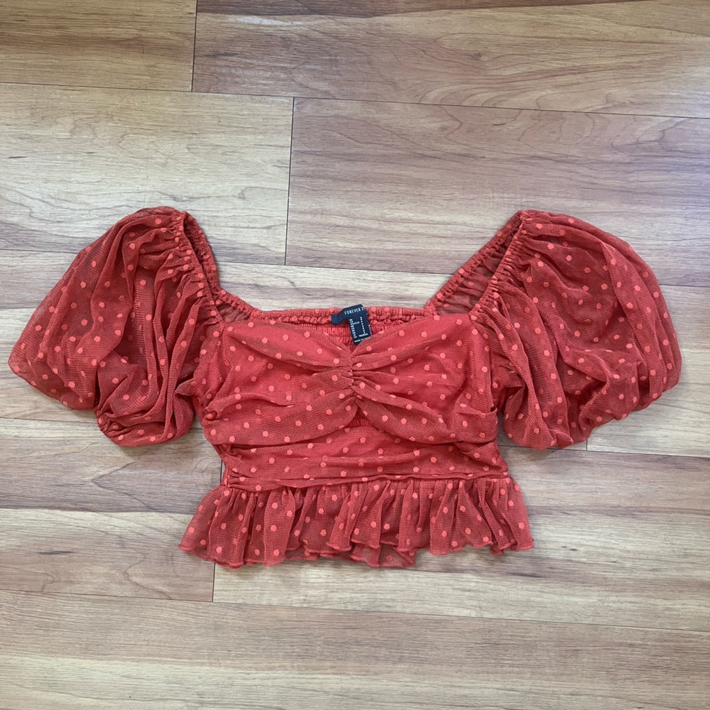 Cutesy Red Puff Sleeve Polka Dot Top